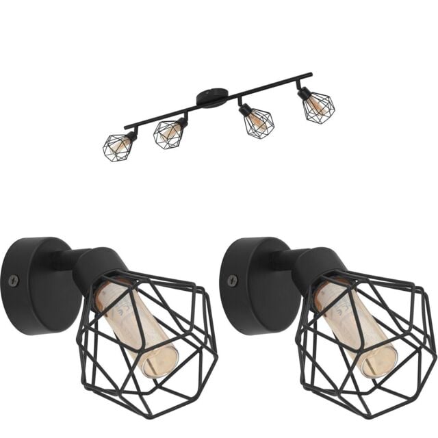 Loops Quad Ceiling Light & 2x Matching Wall Lights Black Cage Amber Glass Trendy Lamp - image 1