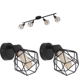 Loops Quad Ceiling Light & 2x Matching Wall Lights Black Cage Amber Glass Trendy Lamp - thumbnail 1
