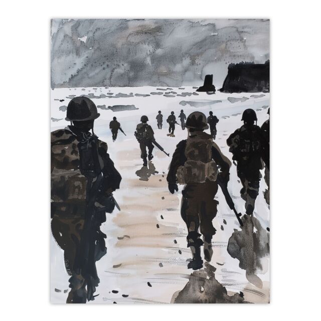 "Artery8 D Day Landing Normandy Beach WWII War Soldiers Wall Art Print in Grey - Size: W12"" x H16""" - image 1