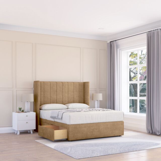 "Sloomy Falcon Dumfries Wingback Bed Set, 2 Drawers & 54"" Floor Standing Headboard in Light Beige - Size: King" - image 1