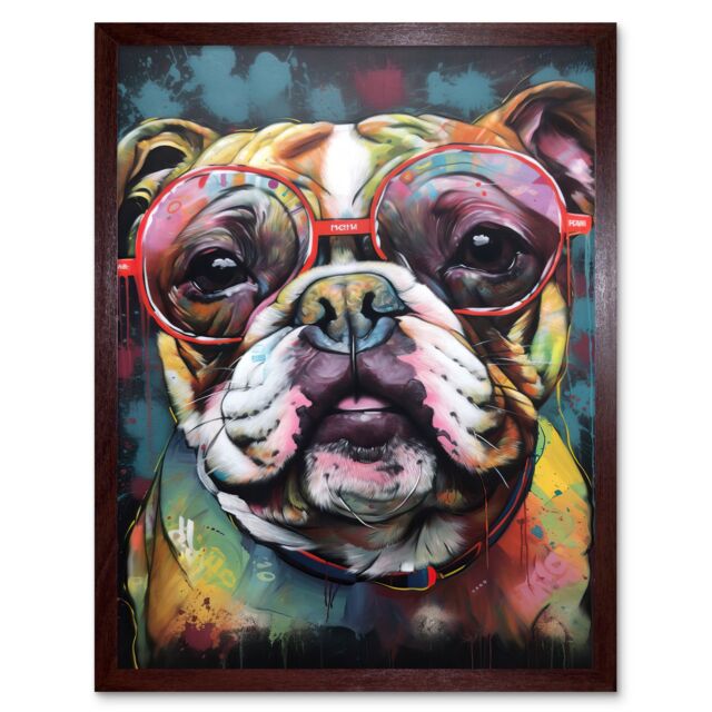 "Artery8 Wall Art Print English Bulldog Wearing Sunglasses Modern Detailed Art Framed in Brown - Size: W12"" x H16""" - image 1
