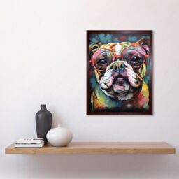 "Artery8 Wall Art Print English Bulldog Wearing Sunglasses Modern Detailed Art Framed in Brown - Size: W12"" x H16""" - thumbnail 2