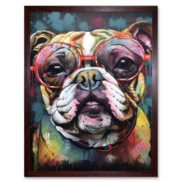 "Artery8 Wall Art Print English Bulldog Wearing Sunglasses Modern Detailed Art Framed in Brown - Size: W12"" x H16""" - thumbnail 1