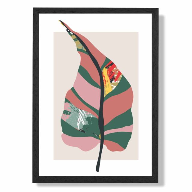 ARTZE Tropical Plant Green & Red Minamilist Framed Print SIZE: A3 with Black Frame - Size: A4 - image 1
