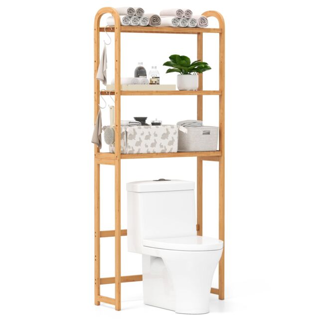 Gymax Over the Toilet Storage Rack 3-Tier Bamboo Bathroom Organizer-Natural in Light Khaki - image 1