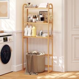 Gymax Over the Toilet Storage Rack 3-Tier Bamboo Bathroom Organizer-Natural in Light Khaki - thumbnail 4