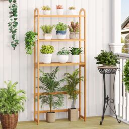 Gymax Over the Toilet Storage Rack 3-Tier Bamboo Bathroom Organizer-Natural in Light Khaki - thumbnail 5