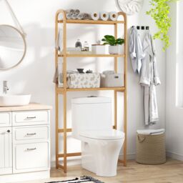 Gymax Over the Toilet Storage Rack 3-Tier Bamboo Bathroom Organizer-Natural in Light Khaki - thumbnail 3