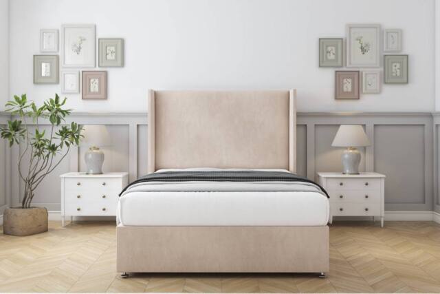 "Sloomy Devonshire Naples Divan Base No Drawers - 54"" Wingback Headboard in Light Sand - Size: Single" - image 1