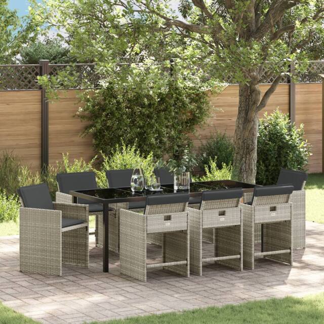 Berkfield Home 9 Piece Garden Dining Set with Cushions Light Grey Poly Rattan in Black