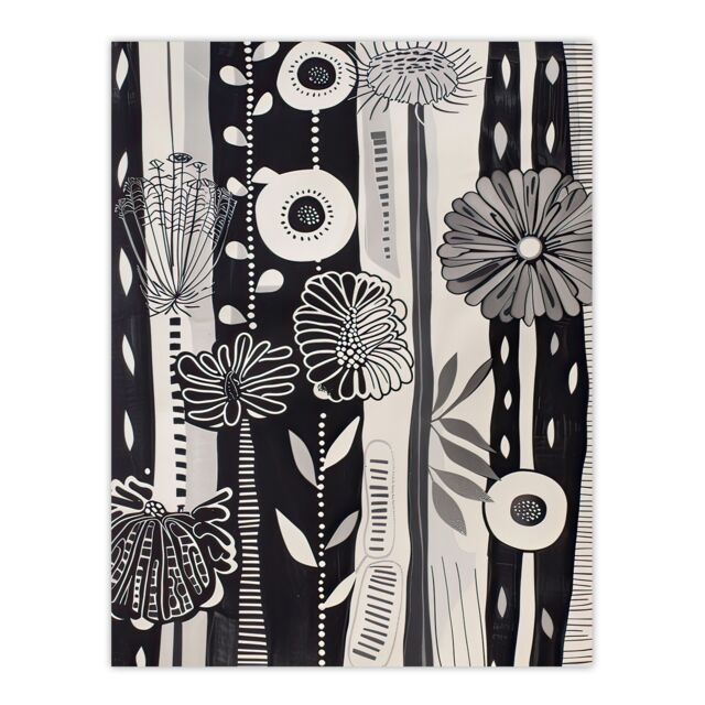 "Artery8 Black White Striped Wildflowers Artwork Floral Wall Art Print in Grey - Size: W12"" x H16""" - image 1