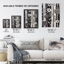 "Artery8 Black White Striped Wildflowers Artwork Floral Wall Art Print in Grey - Size: W12"" x H16""" - thumbnail 3