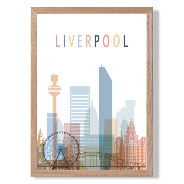 ARTZE Liverpool Colourful City Skyline Framed Print SIZE: A3 with Oak Frame in Pale Blue - Size: A4 - image 1