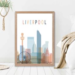 ARTZE Liverpool Colourful City Skyline Framed Print SIZE: A3 with Oak Frame in Pale Blue - Size: A4 - thumbnail 2