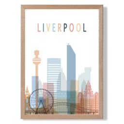 ARTZE Liverpool Colourful City Skyline Framed Print SIZE: A3 with Oak Frame in Pale Blue - Size: A4