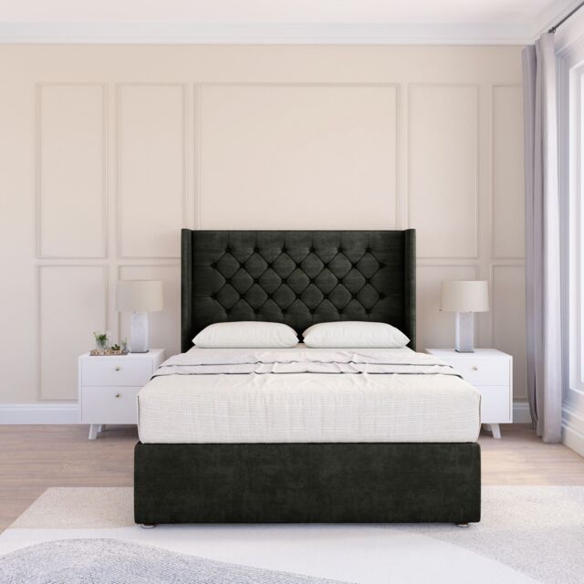 "Sloomy Dior Dumfries Wingback Bed Set, No Drawers & 54"" Floor Standing Headboard in Black - Size: Small Double" - image 1