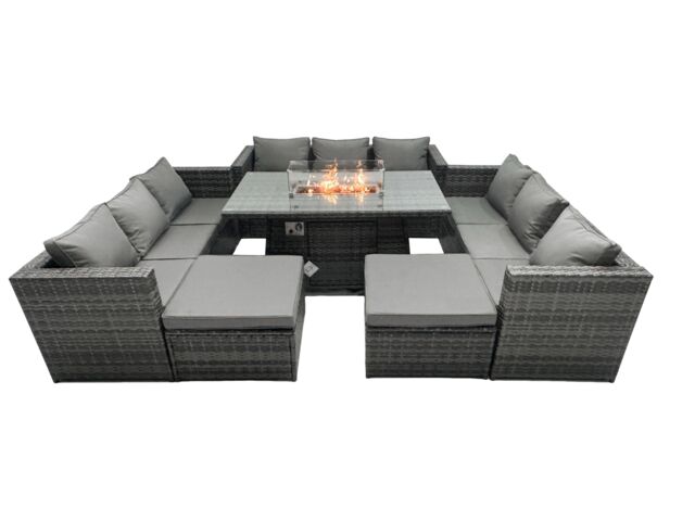 Fimous Rattan Garden Furniture Firepit Set Outdoor 11 Seater Patio Dining Sets with Glass Top Dining Table in Dark Grey - image 1