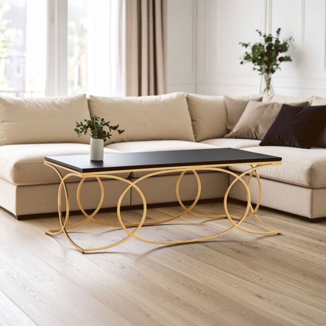 Orsina Black Marble Coffee Table, Gold Finish Stainless Steel Frame, Minimalist Rectangular Coffee Table - image 1