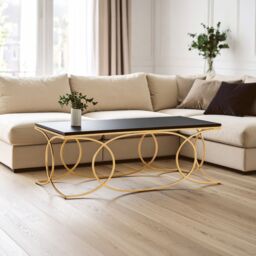 Orsina Black Marble Coffee Table, Gold Finish Stainless Steel Frame, Minimalist Rectangular Coffee Table