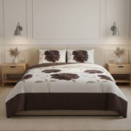 Snug City Reversible Floral Duvet Set Elegant Flower Stripe Pattern Bedding in Chocolate - Size: Super King
