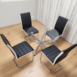KOSY KOALA Round Chrome Metal & Clear Glass Dining Table & 4 Stylish Black White Faux Leather Dining Chairs Set - thumbnail 2