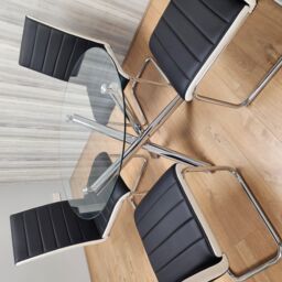 KOSY KOALA Round Chrome Metal & Clear Glass Dining Table & 4 Stylish Black White Faux Leather Dining Chairs Set - thumbnail 4