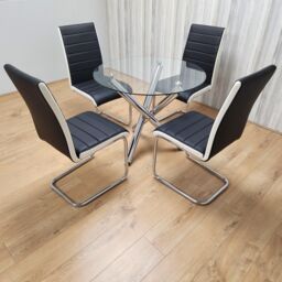 KOSY KOALA Round Chrome Metal & Clear Glass Dining Table & 4 Stylish Black White Faux Leather Dining Chairs Set