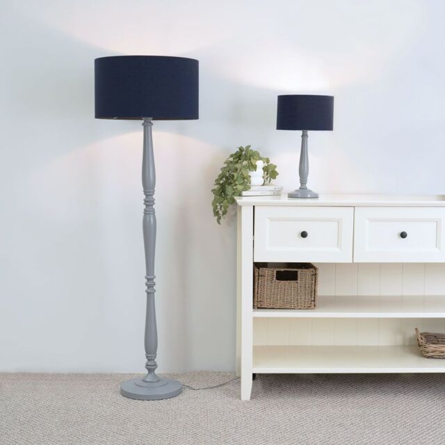 ValueLights Victoria Grey Wood Traditional Table Lamp with Fabric Drum Shade in Navy - image 1
