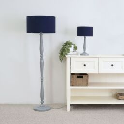 ValueLights Victoria Grey Wood Traditional Table Lamp with Fabric Drum Shade in Navy - thumbnail 4