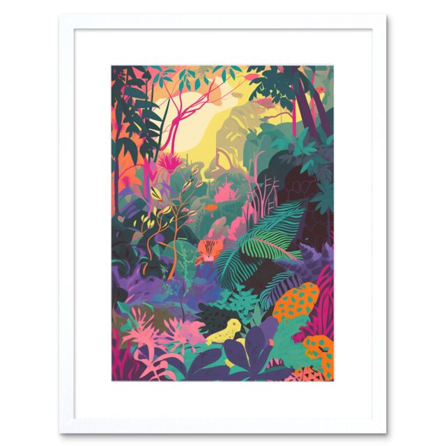 "Artery8 Wall Art Print Vibrant Tropical Rainforest Sunrise Artwork Framed 9X7 Inch in White - Size: W7"" x H9""" - image 1