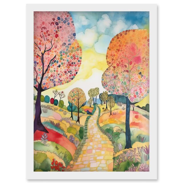 Artery8 Countryside Path With Blooming Flowers & Trees Folk Art Landscape Watercolour Painting Artwork Framed Wall Art Print A4 in White - image 1