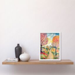 Artery8 Countryside Path With Blooming Flowers & Trees Folk Art Landscape Watercolour Painting Artwork Framed Wall Art Print A4 in White - thumbnail 2