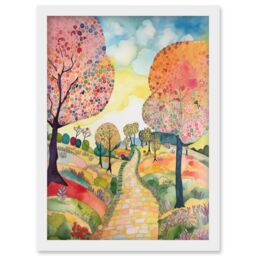 Artery8 Countryside Path With Blooming Flowers & Trees Folk Art Landscape Watercolour Painting Artwork Framed Wall Art Print A4 in White - thumbnail 1