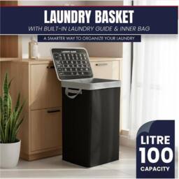 MANTRARAJ 100L Laundry Basket Washing Clothes Storage Bin Folding With Lid Black - thumbnail 2