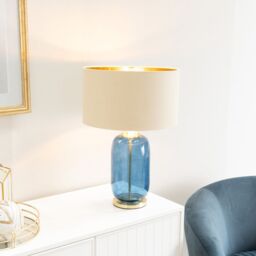 ValueLights Leigh Beige with Metallic Gold Shade with Navy Blue Glass & Gold Table Lamp - thumbnail 1