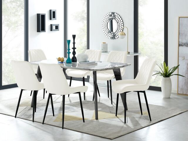 FurnitureboxUK Andria White Marble Effect & Black Leg 6 Seater Dining Table & 6 Pesaro Soft Velvet Chairs in Cream - image 1