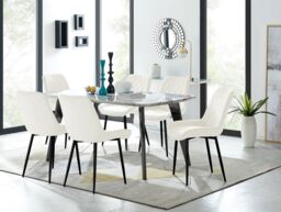 FurnitureboxUK Andria White Marble Effect & Black Leg 6 Seater Dining Table & 6 Pesaro Soft Velvet Chairs in Cream