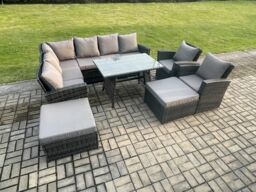 Fimous High Back Outdoor Garden Furniture Set Rattan Corner Sofa Dining Table Set With 2 Big Footstool in Dark Grey - thumbnail 2
