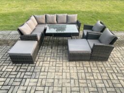 Fimous High Back Outdoor Garden Furniture Set Rattan Corner Sofa Dining Table Set With 2 Big Footstool in Dark Grey - thumbnail 1