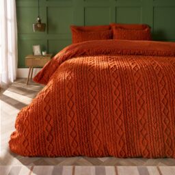 OHS Cable Knit Fleece Duvet Cover Set Warm Reversible Bedding in Burnt Orange - Size: King