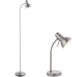 Loops Standing Floor & Table Lamp Set Satin Nickel Adjustable Neck Living Room Light in Metallics
