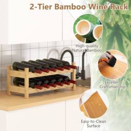 Gymax Wine Rack 12 Bottle 2-Tier Wine Storage Organizer Wine Bottle Holder in Natural - thumbnail 4