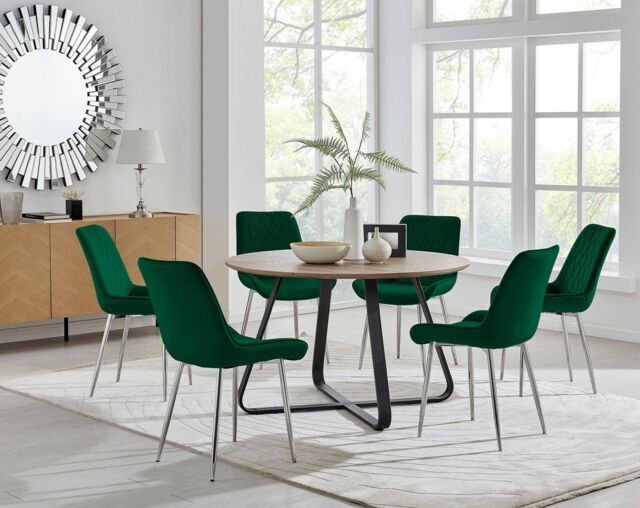 FurnitureboxUK Santorini Brown Round Dining Table & 4/6 Pesaro Silver Leg Chairs in Green - image 1