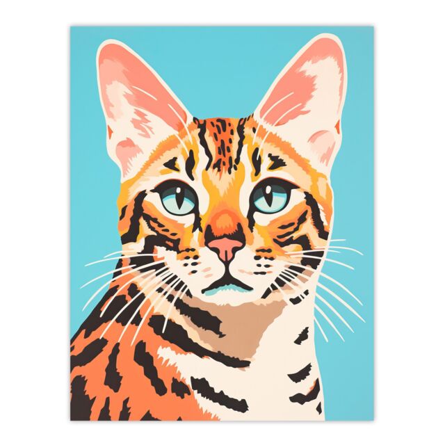 Artery8 Wall Art Print Bengal Cat Bold Vibrant Flat Style Screen Risograph Artwork Spot Block Colour Duotone Retro Riso Interior Design Poster - image 1