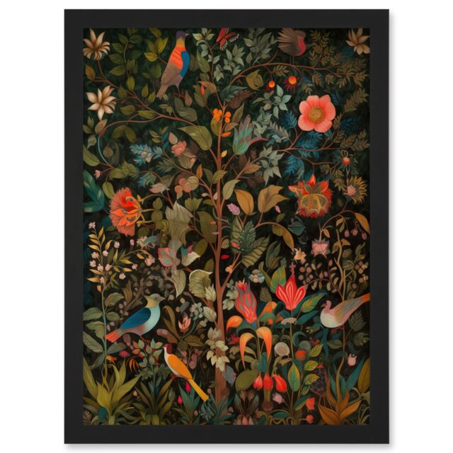 Artery8 Birds on Blooming Trees in Spring Modern Folk Art Artwork Framed Wall Art Print A4 in Black - image 1