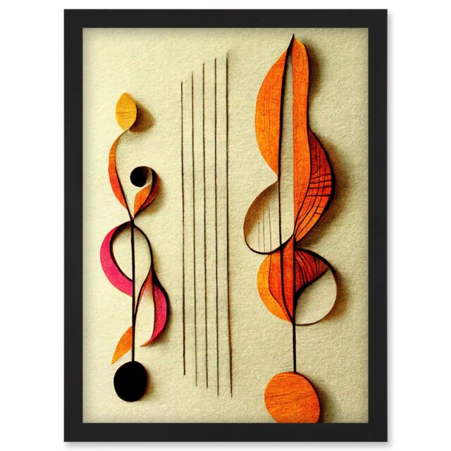 Artery8 Abstract Autumnal Boho Music Clefs & Staff Musical Cream Copper Pink Yellow Artwork Framed Wall Art Print A4 in Black - image 1
