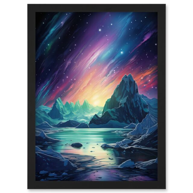 Artery8 Wall Art Print Purple Aurora Borealis Dawn in Antarctica Oil Painting Blue Green Enchanting Arctic Ice Fantasy Landscape Artwork Framed A4 - image 1