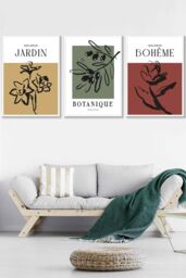 ARTZE Set of 3 White Framed Minimalist Sketch Leaves Flowers Yellow Red Green Wall Art - Size: W33 cm x H45 cm x D20mm