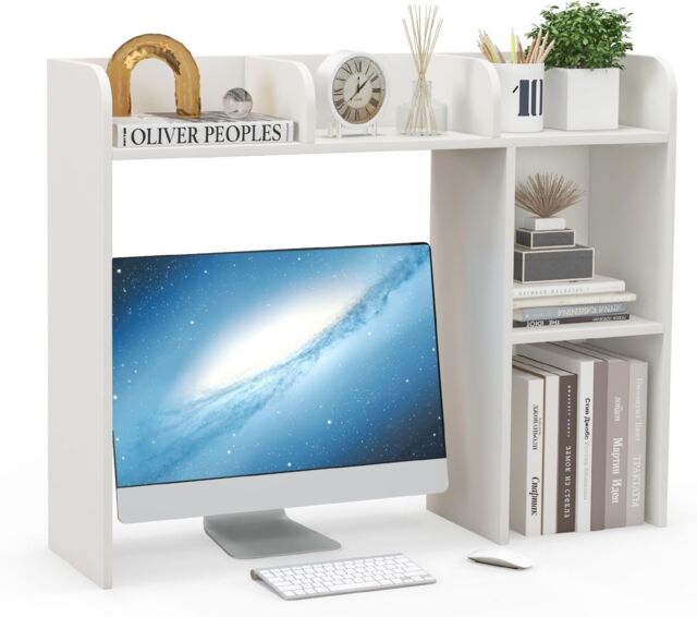 Gymax Countertop Bookshelf 3-Tier Open Display Rack With Shelves & Hutch in White - image 1