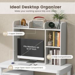 Gymax Countertop Bookshelf 3-Tier Open Display Rack With Shelves & Hutch in White - thumbnail 2
